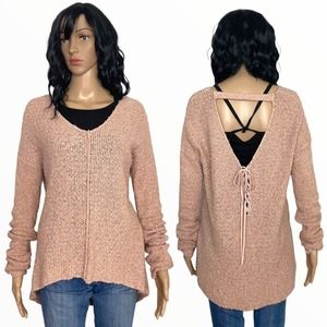Blush Pink Popcorn Knit Sweater Womens Small Lace-Up Back Design V-Neck